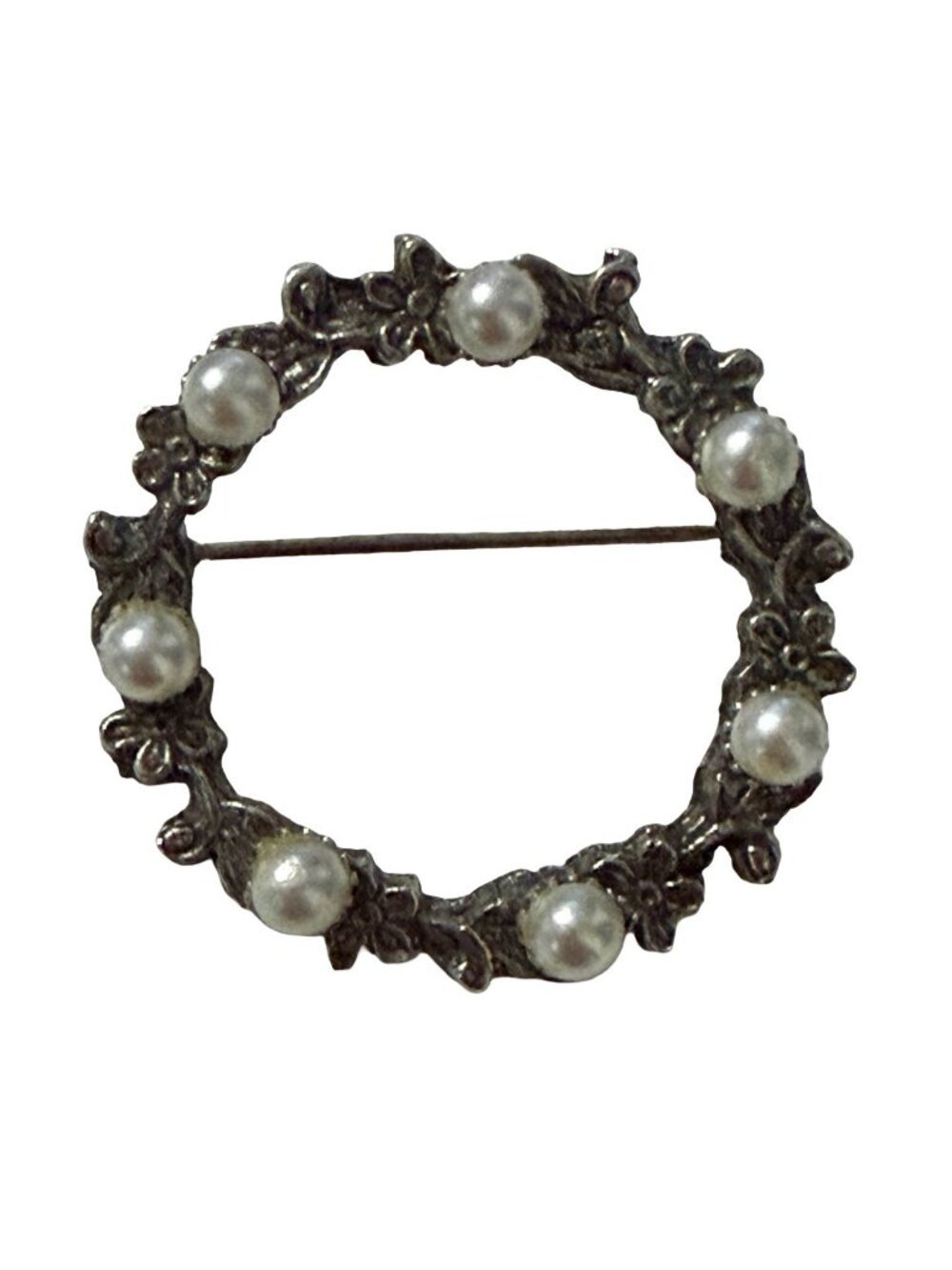 Vintage Silver Tone Faux Pearl Floral Wreath Brooch 1.25 Inch